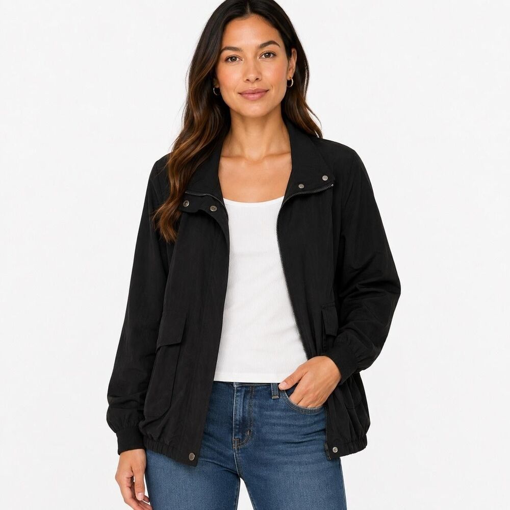 Eileen Fisher Jacket Womens Small Black 100% Silk Zip Front Lightweight Unlined